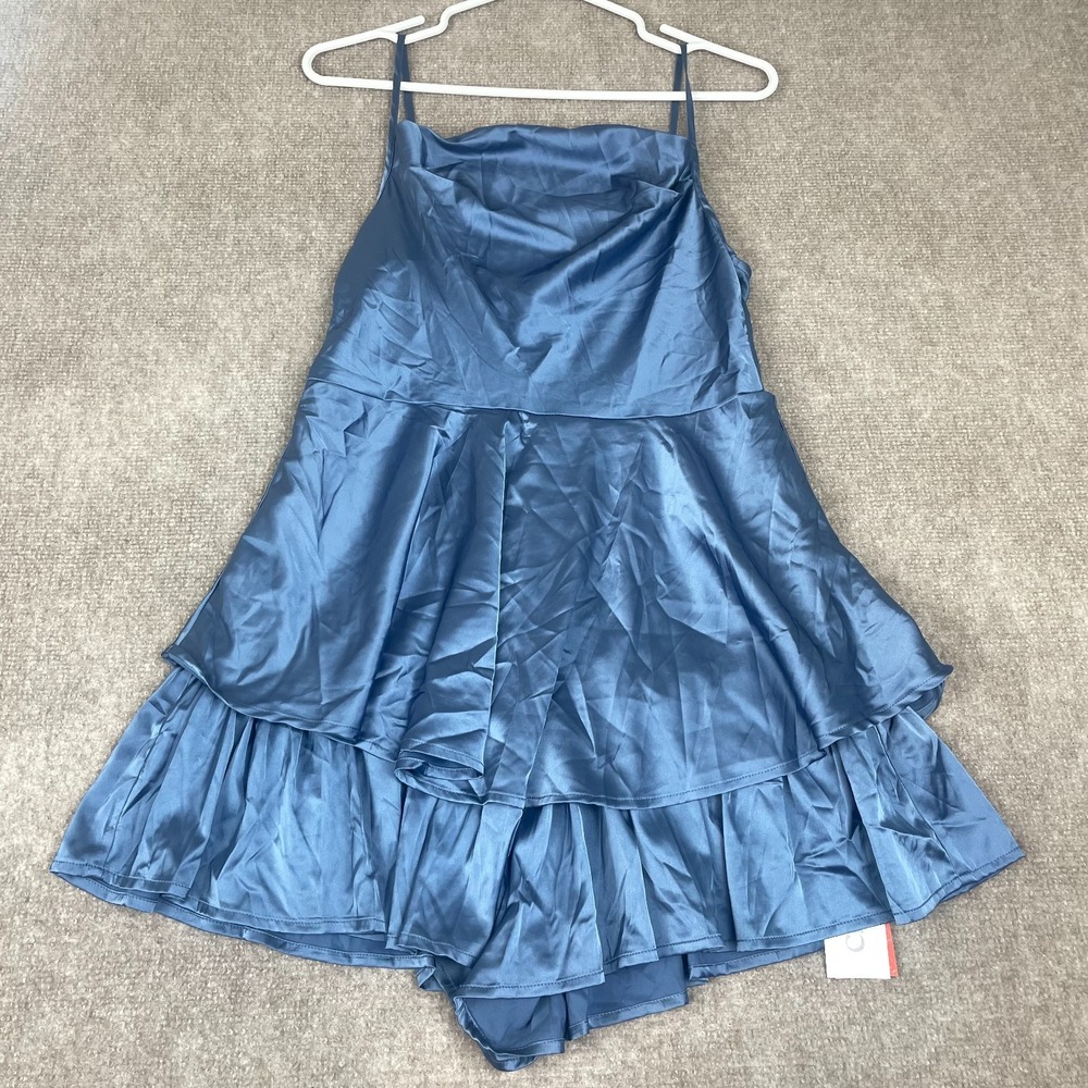 Cider Romper Womens L Blue Satin Cowl Neck Spaghetti Strap Zip Back Stretch NWT